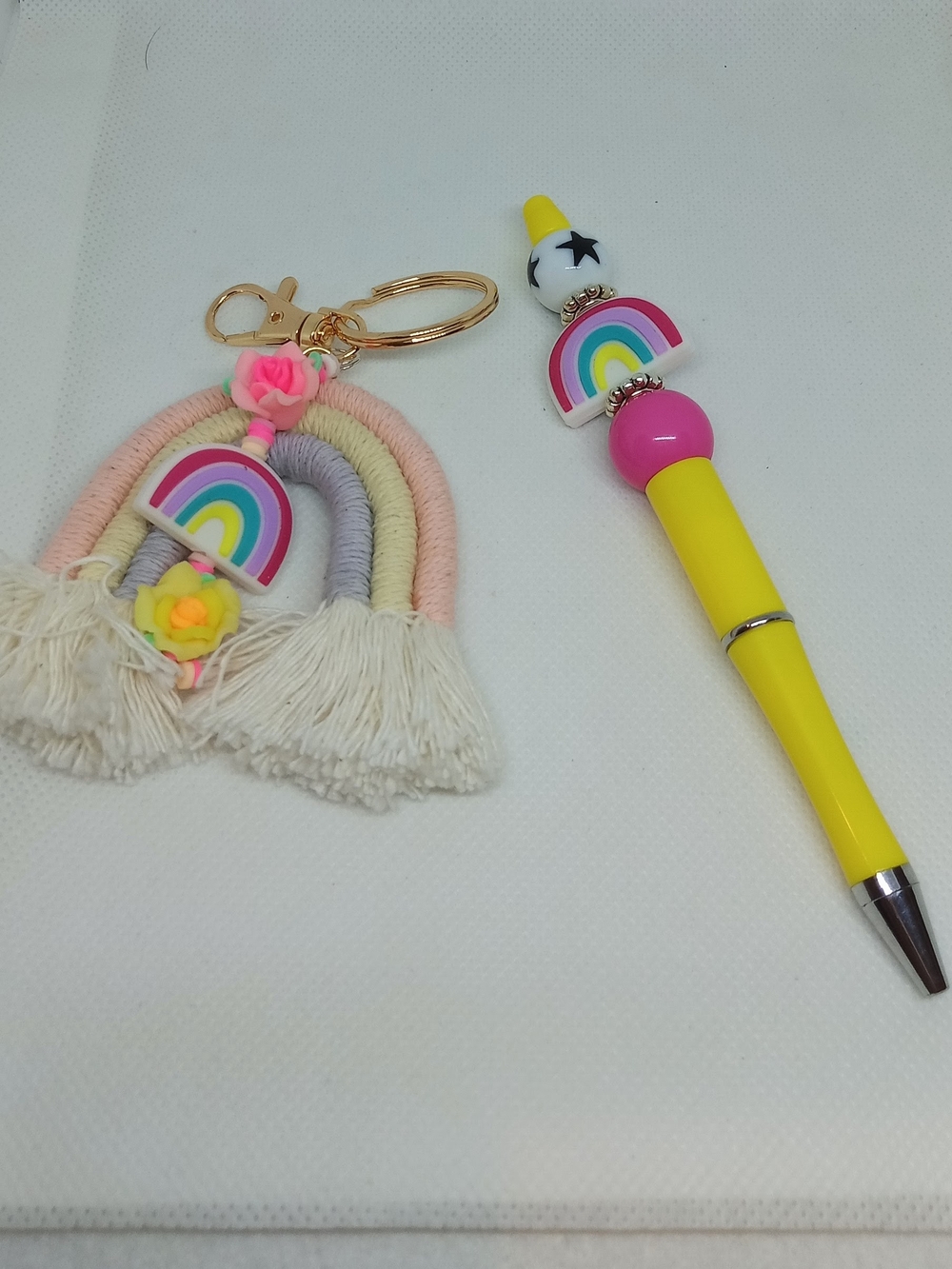 Rainbow Macrame Keychain & Yellow Rainbow Stylus Pen Set Handmade NEW